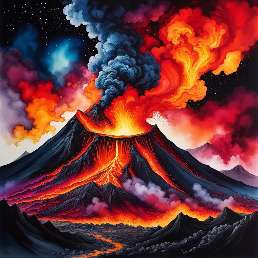 Dramatic Furious devastating volcano erupting spewing moulted lava and ash in amazing colours in a night sky great detai...