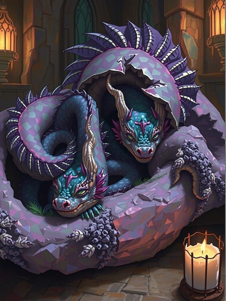 Dreamlike Dragons in Crystal Castle, Abstract Art with Iride...