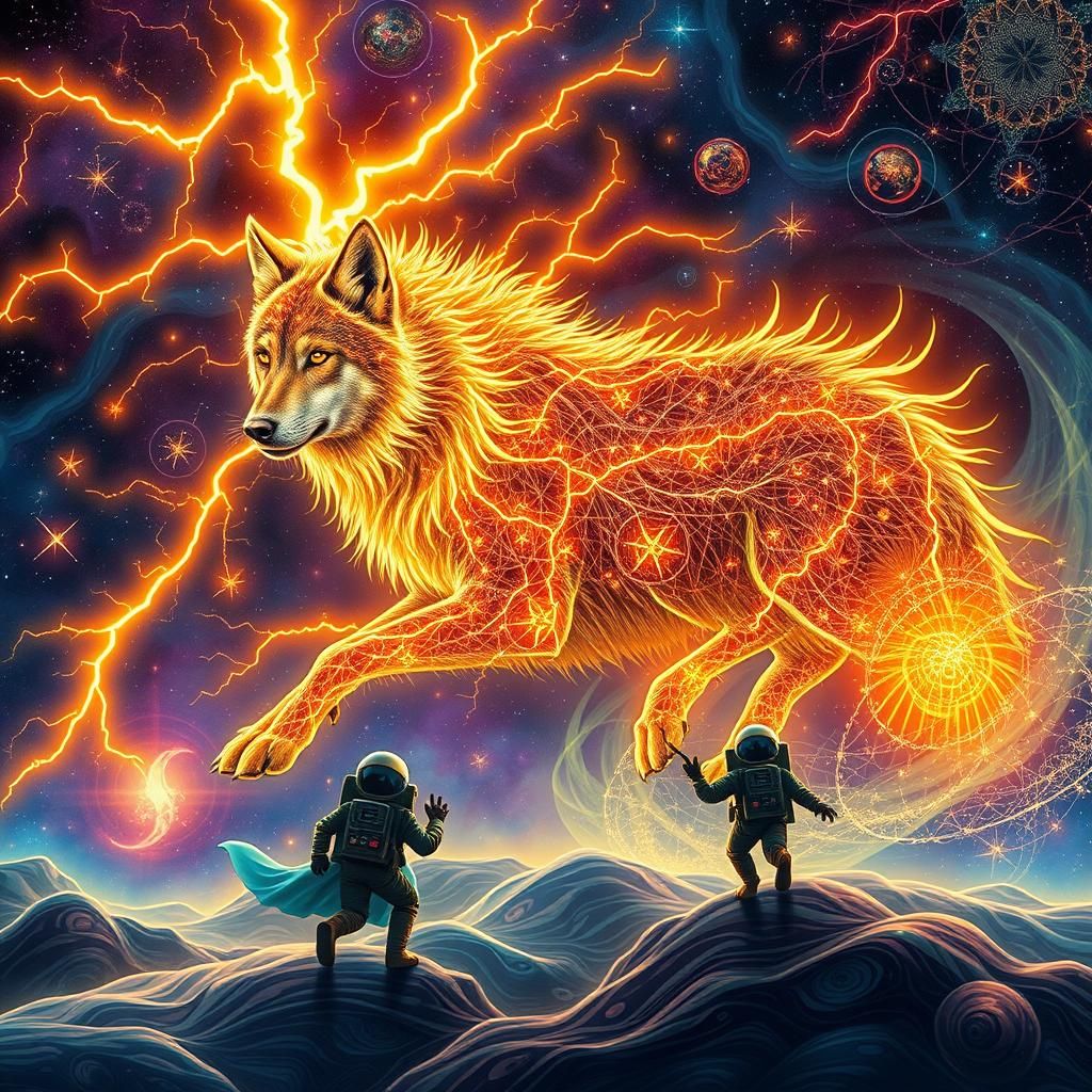 Wolf made of lightning in a far of galaxy.