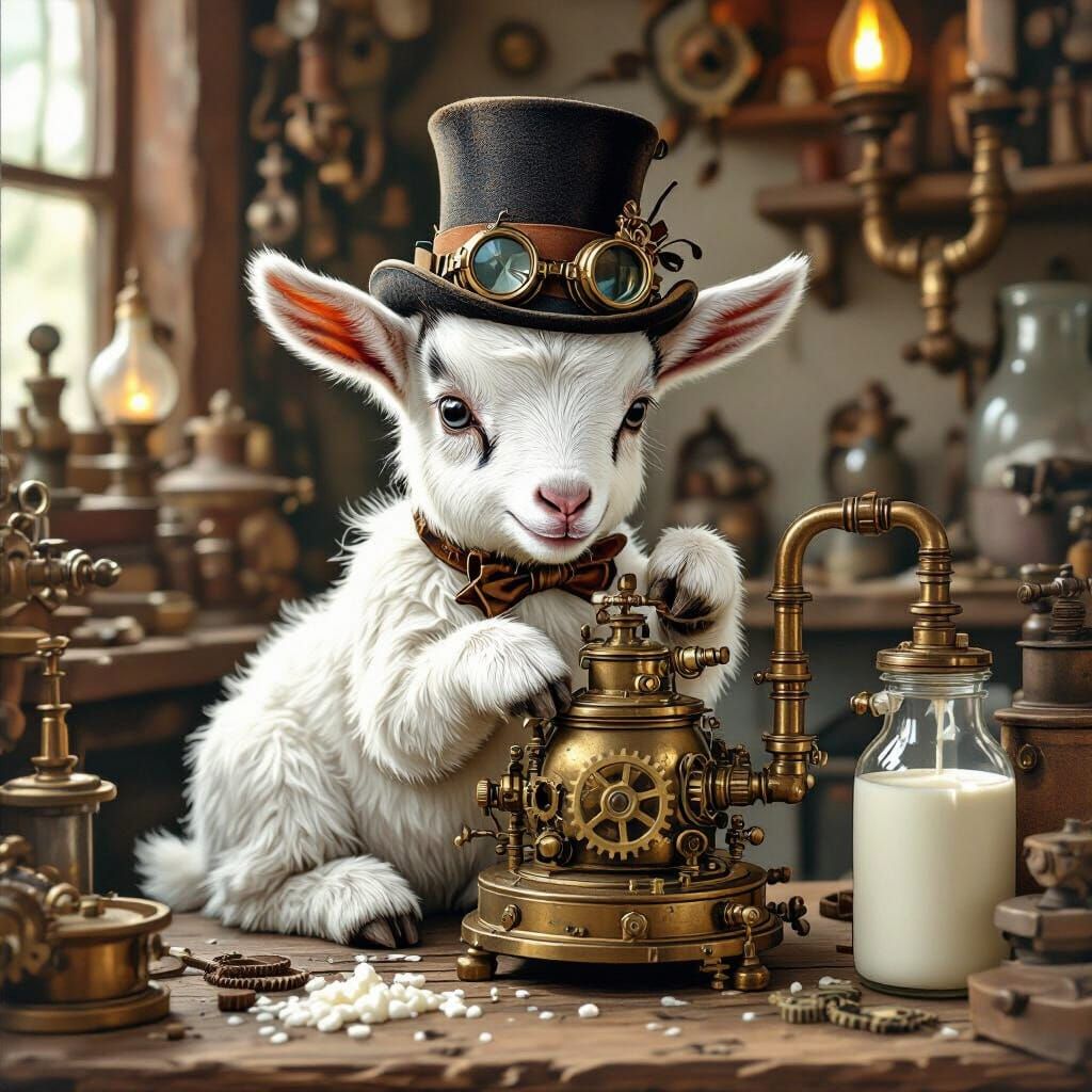 Steampunk Baby Goat Operates Milk Contraption
