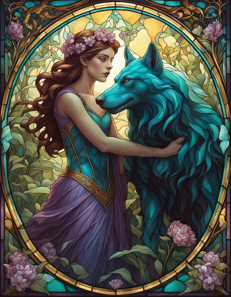 Princess and Werewolf in Art Nouveau Stained Glass
