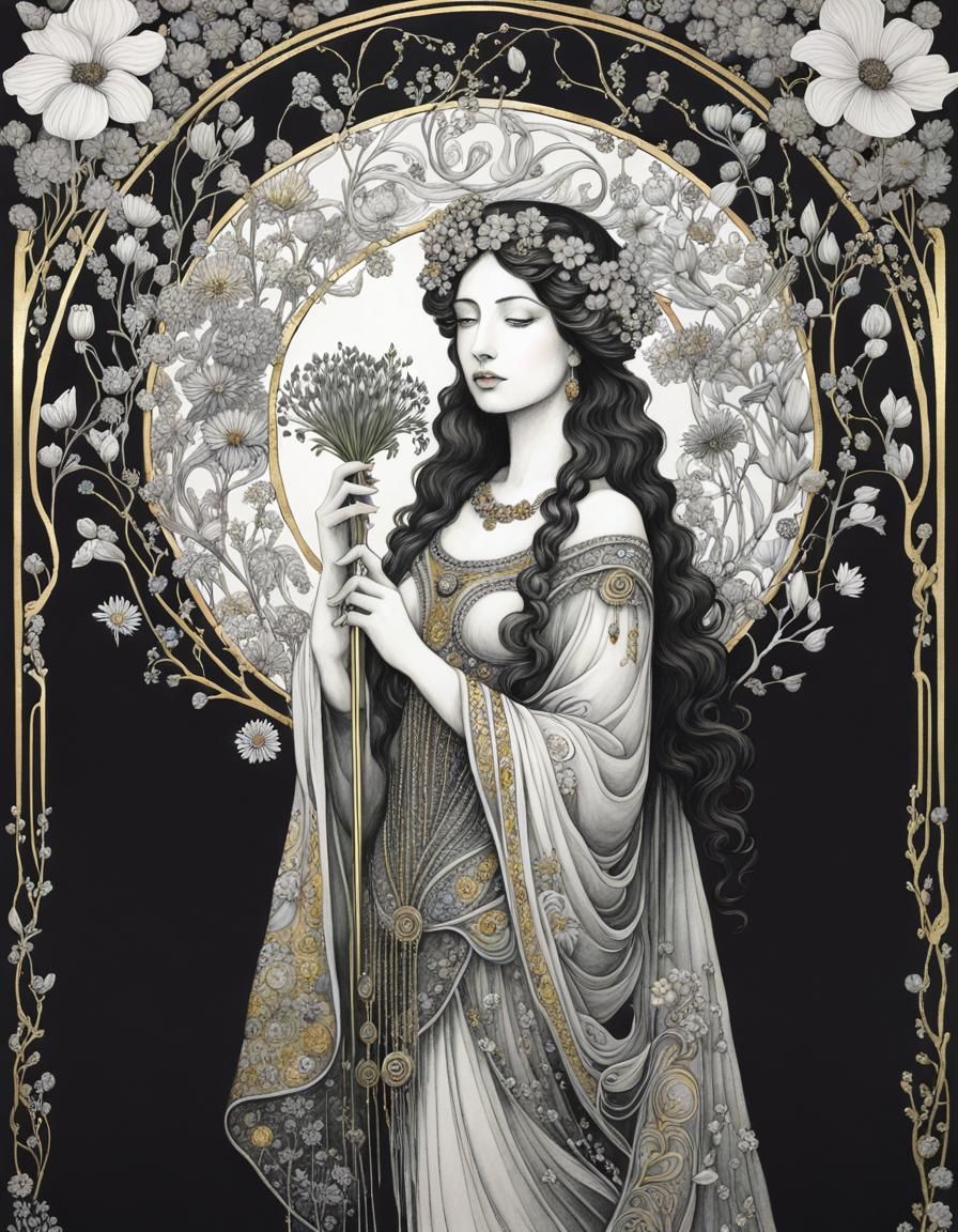 Art Nouveau Nature Goddess Botanical Ink Drawing
