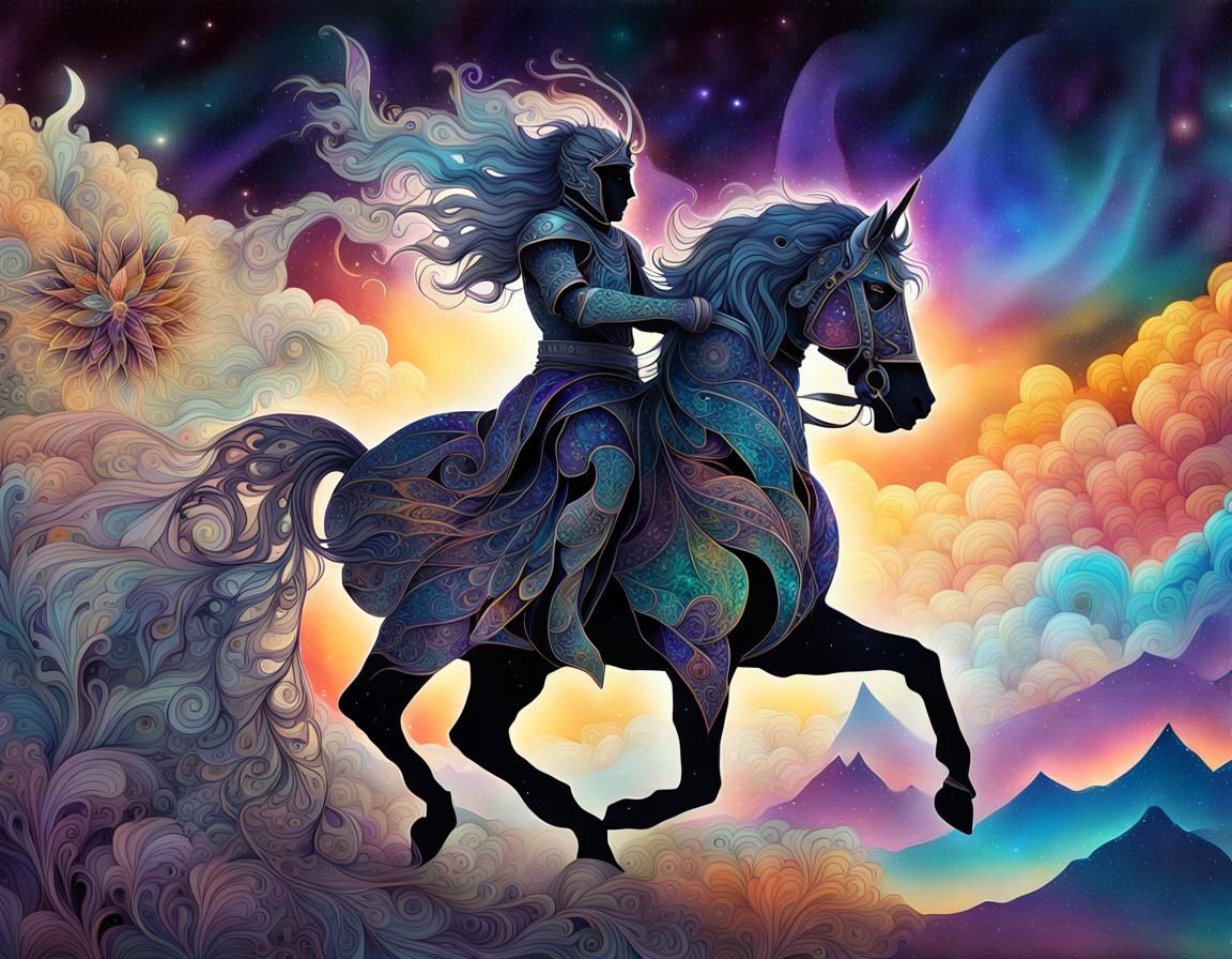 Knight Silhouette Merged with Galaxy Landscape