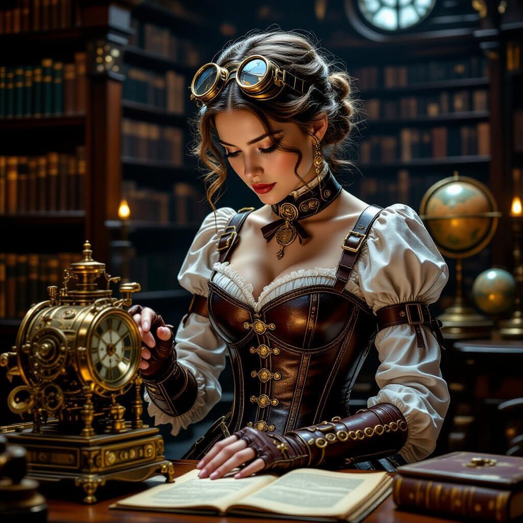 Steampunk Woman Examines Clockwork Automaton in Victorian Li...