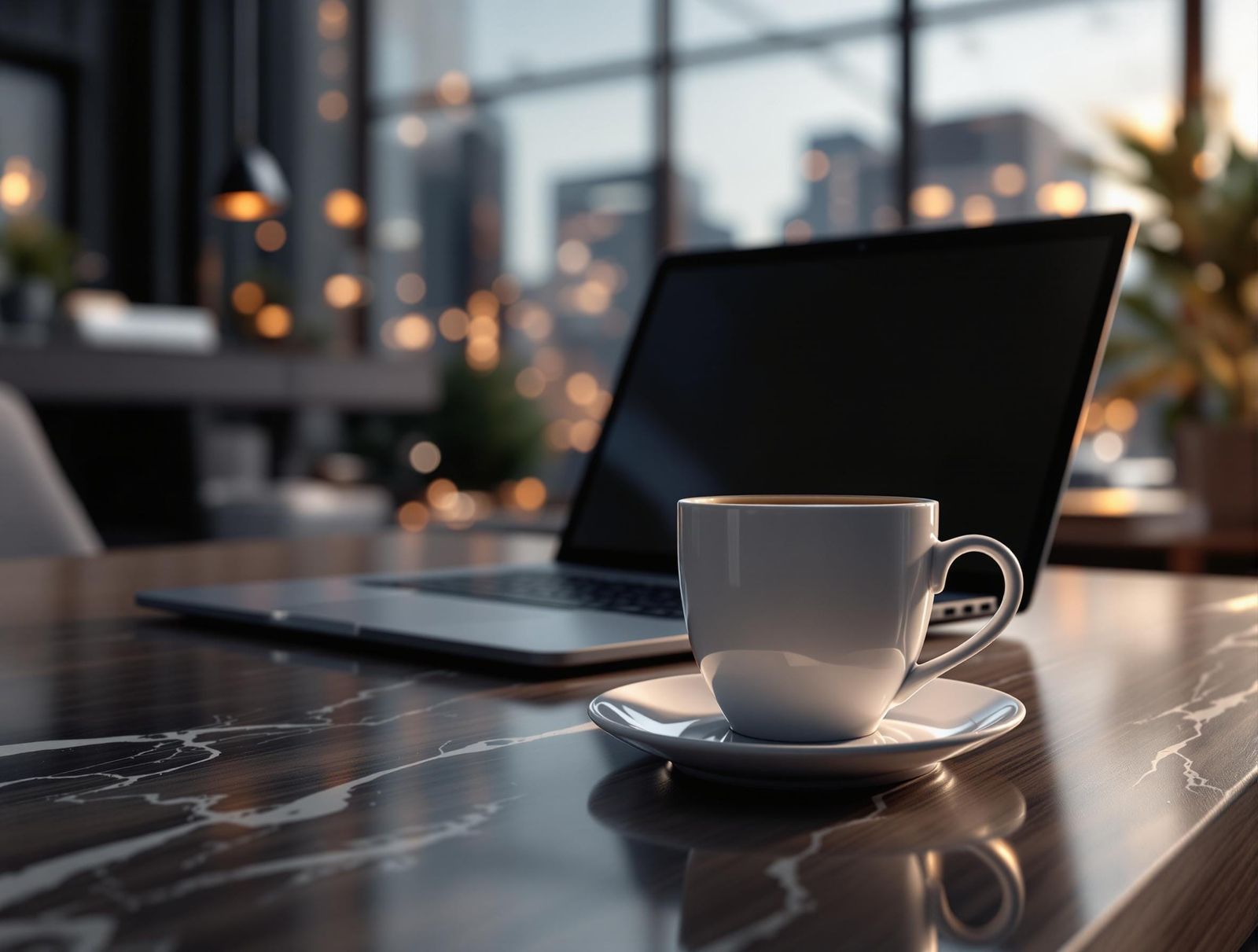 White Coffee Cup and Laptop: Hyper-Realistic Office Scene