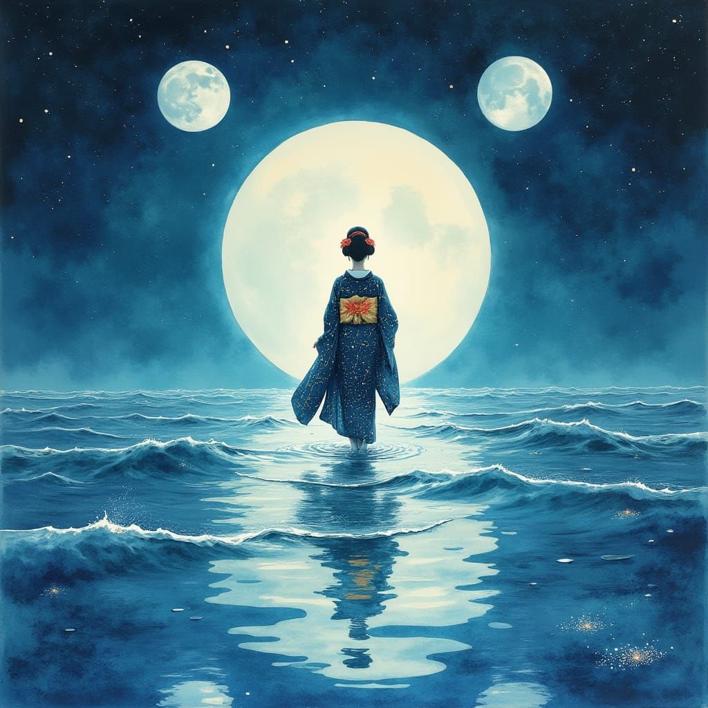 Geisha Steps Through Portal as Watercolor Painting