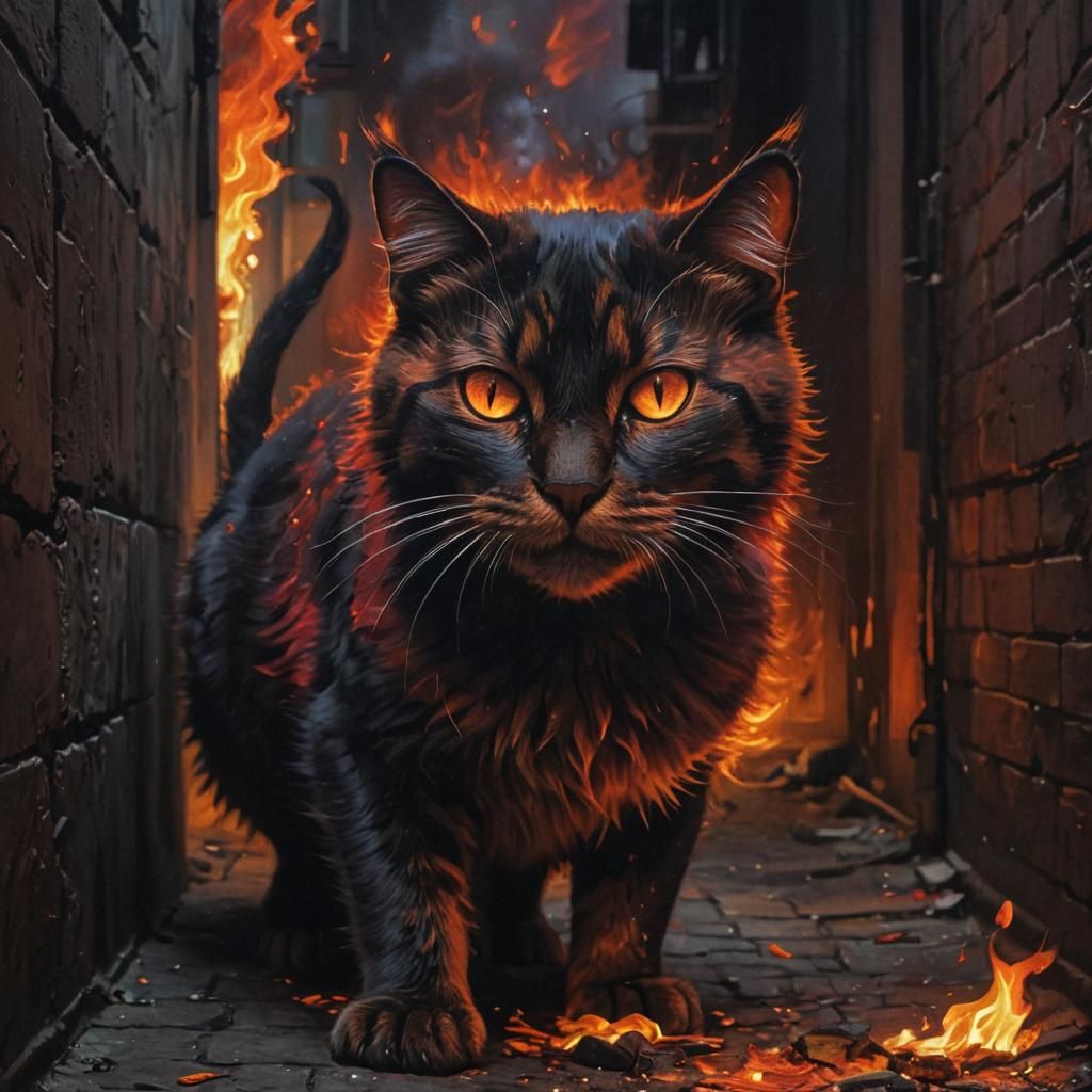 Cat on Fire: Surreal Oil Painting in Dark Alley
