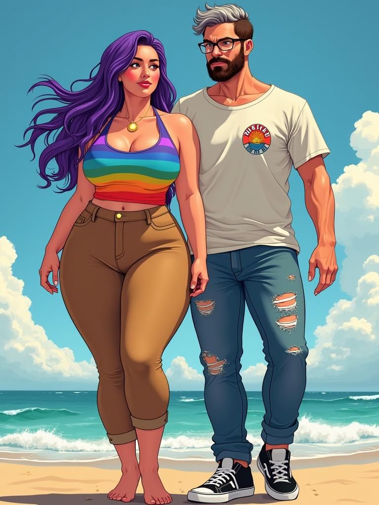 Plus-Sized Woman and Partner in Anime Style