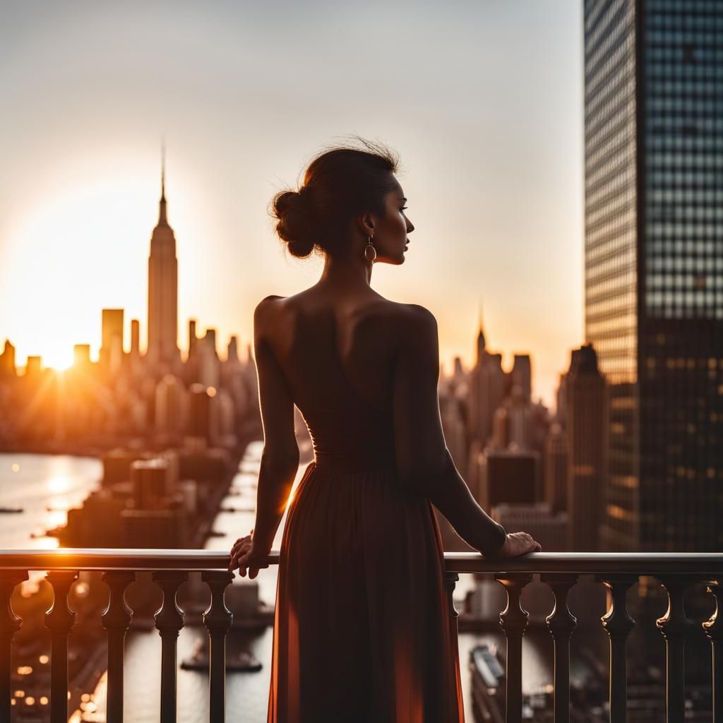 Silhouette of Successful Woman on Balcony at Sunset
