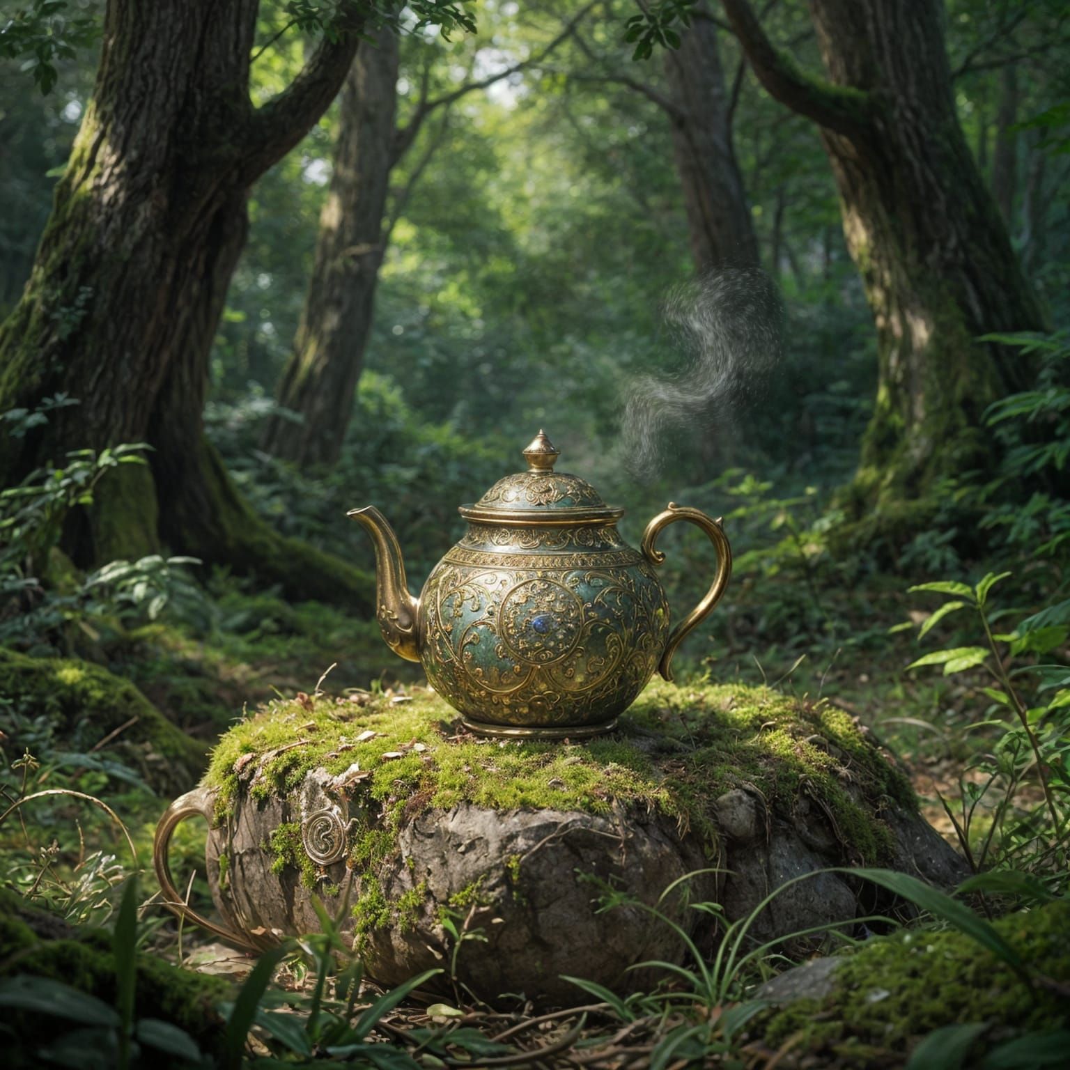 Ancient Teapot in Enchanted Forest Clearing