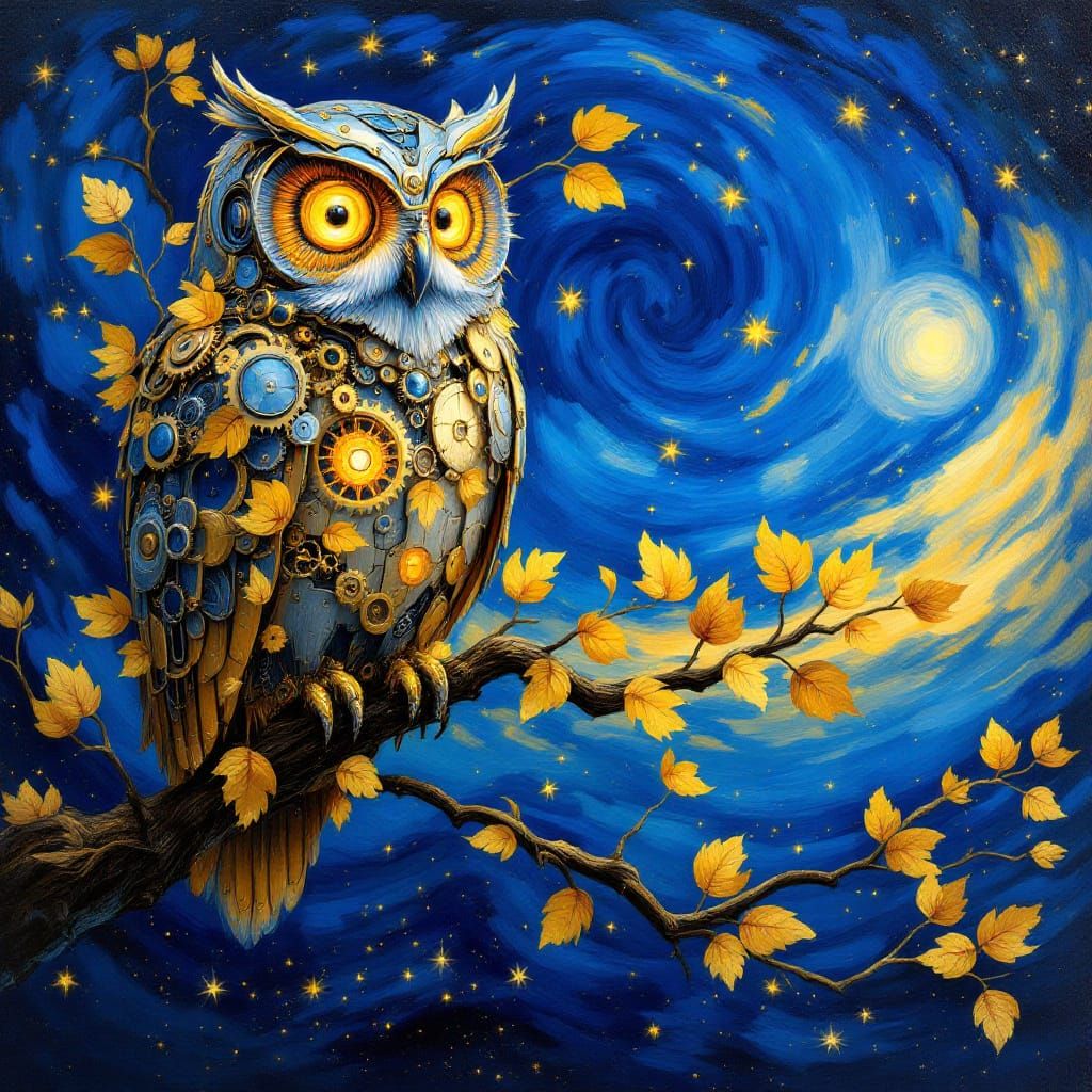 Intricate Mechanical Owl in Cosmic Fantasy