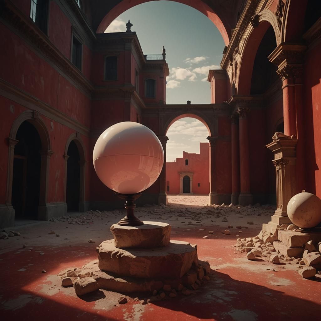 Minimalist Sphere in Renaissance-Inspired Red Room