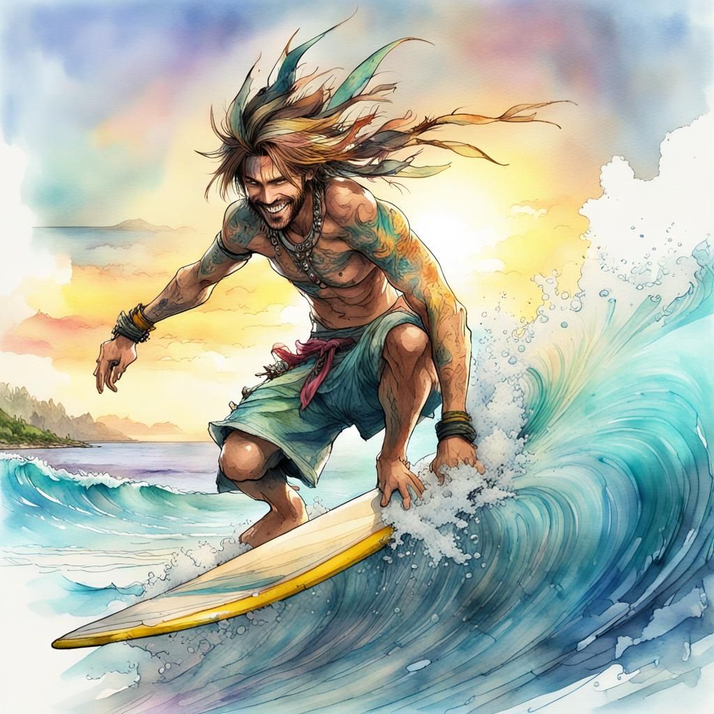 Jecht Surfing on Hawaiian Vacation, Digital Watercolor