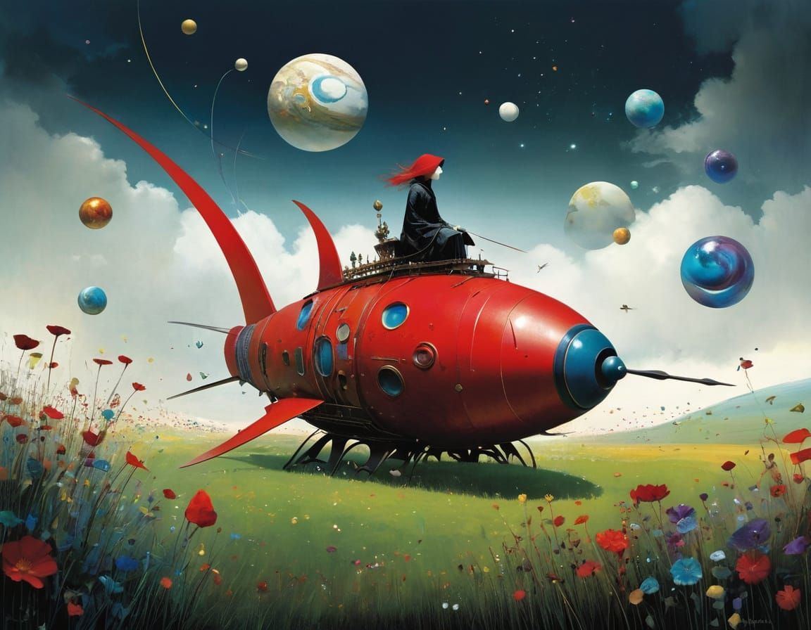 Rocket Ship Flies Through Giant Marbles in Space