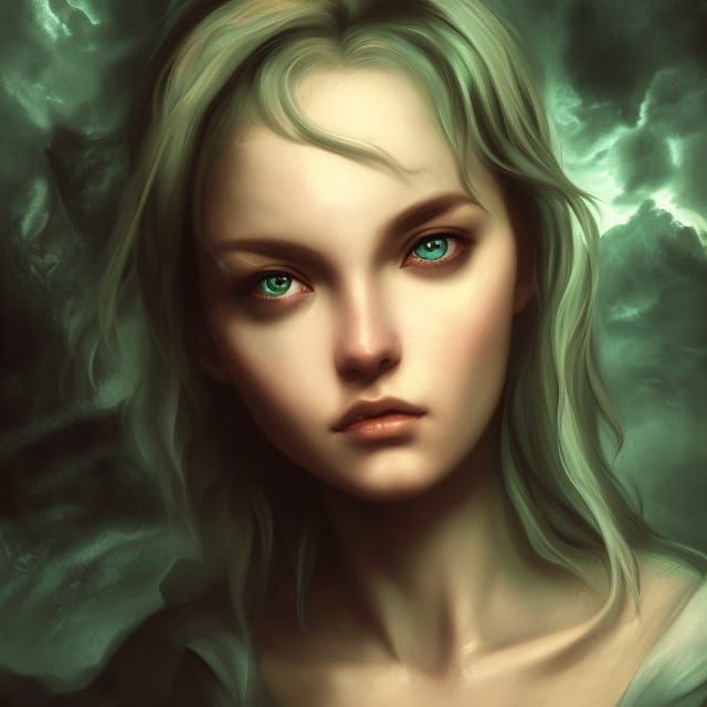 Ethereal Girl Contemplates Fate in Ancient Landscape