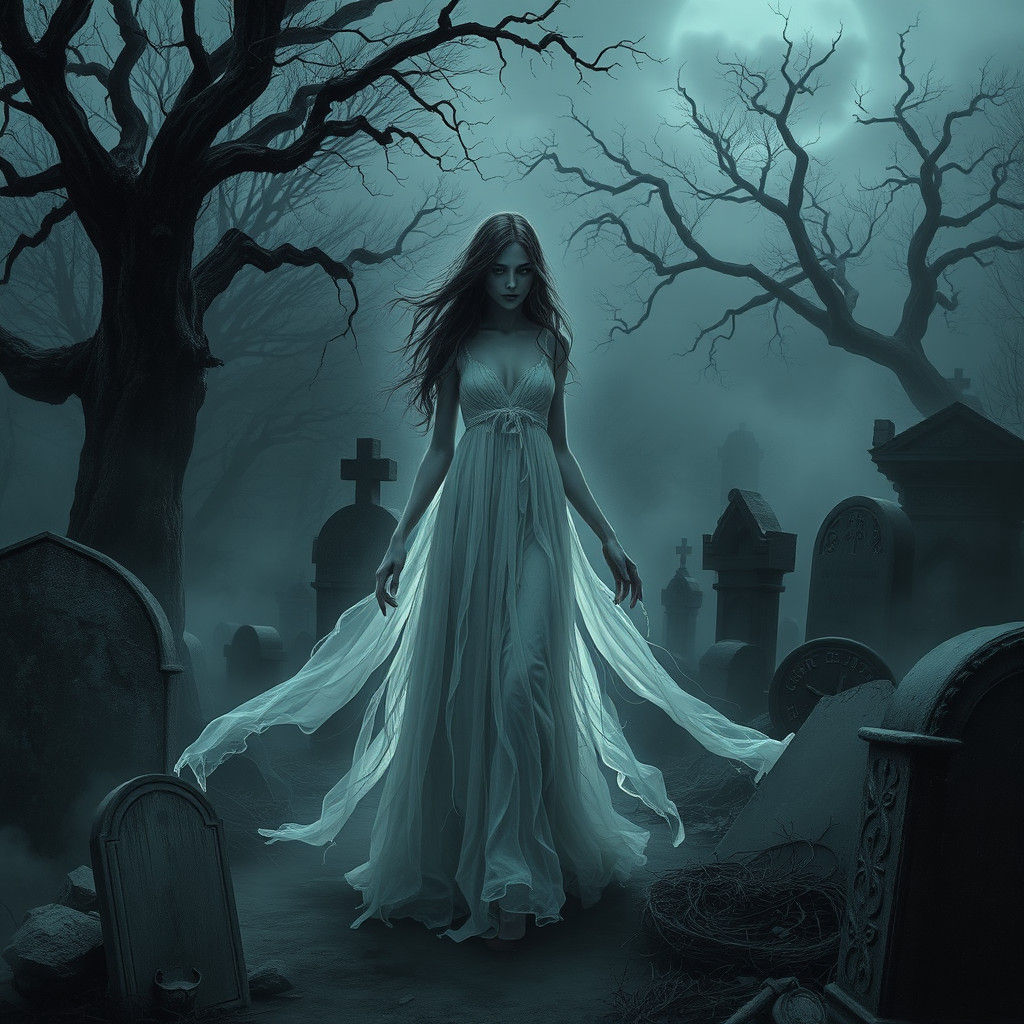 Ethereal Specter Drifting Through Gothic Cemetery