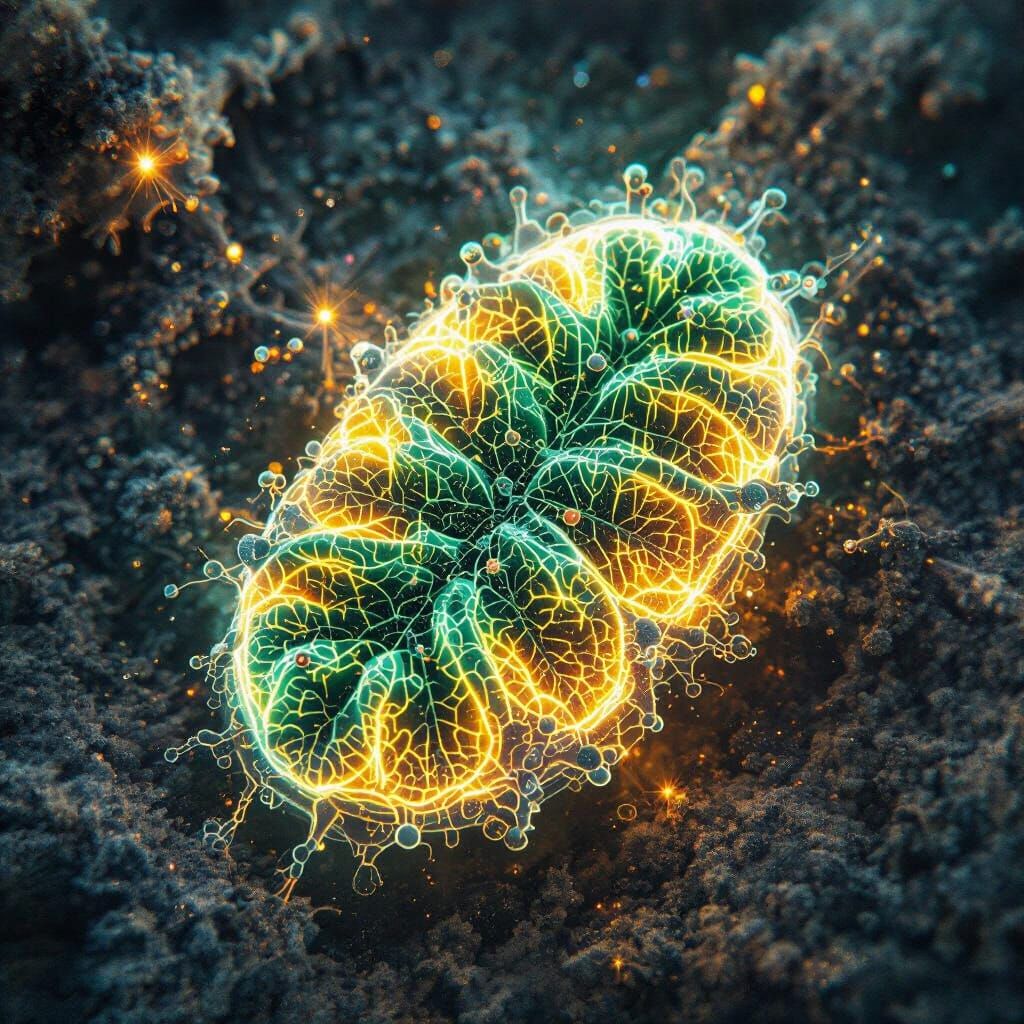 Bioluminescent Mitochondrion in Surreal Biomechanical Style