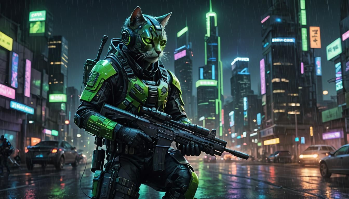 Cyberpunk Kitten Sniper in Neon Cityscape