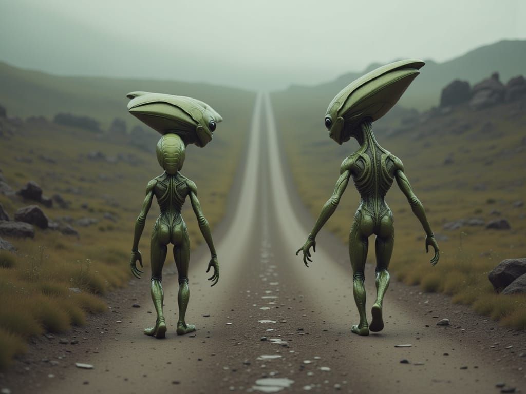 Lost Alien Seeks Spaceship on Misty Road