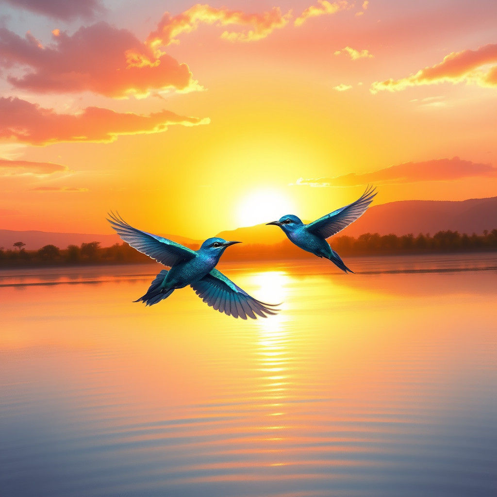 African Sunrise with Blue Birds in Golden Morning Glow