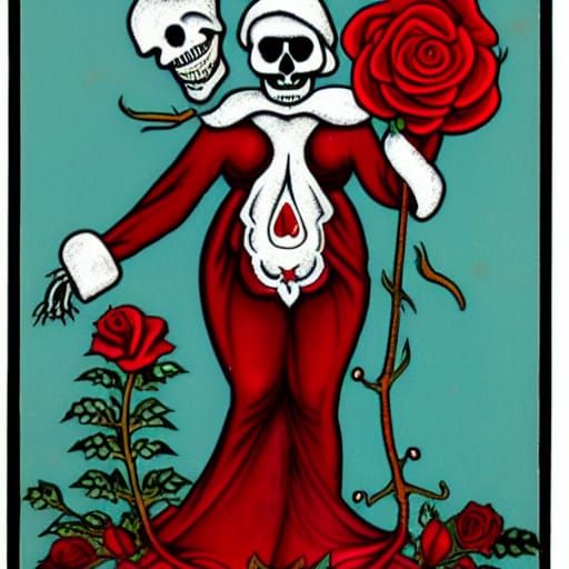 Santa Muerte with Roses and Skull