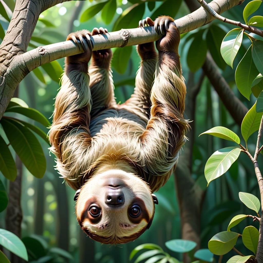 Cute Sloth Hanging Upside-Down from Tree Branch