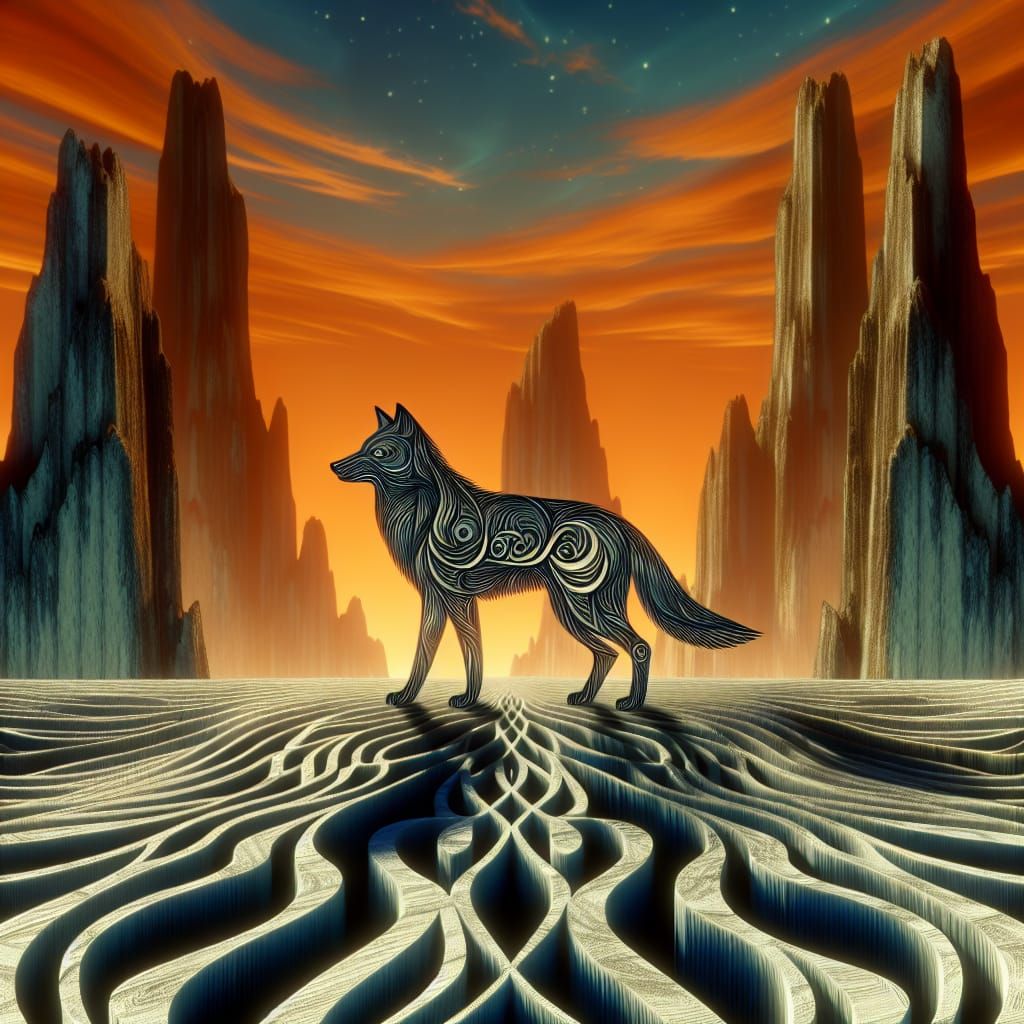 Stylized Wolf in Surreal Geometric Landscape