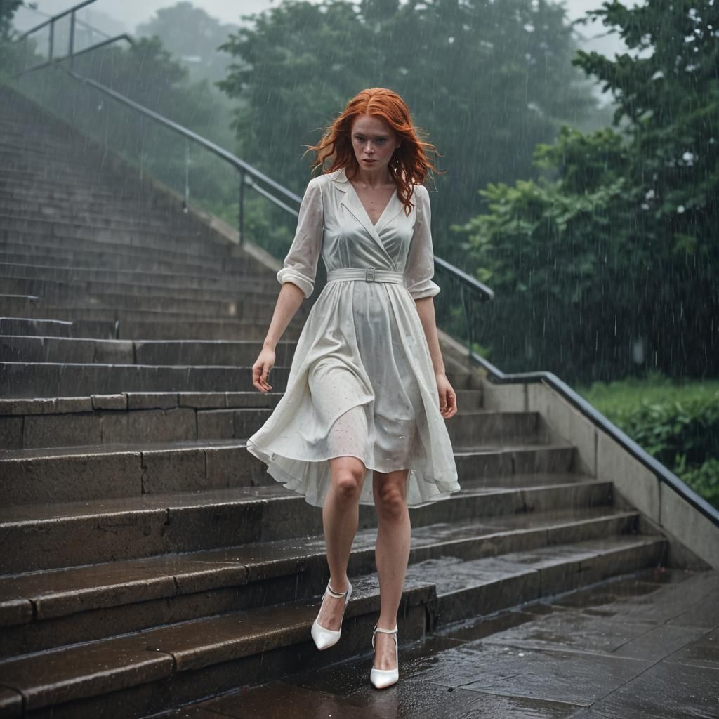 Woman with Red Hair in the Rain