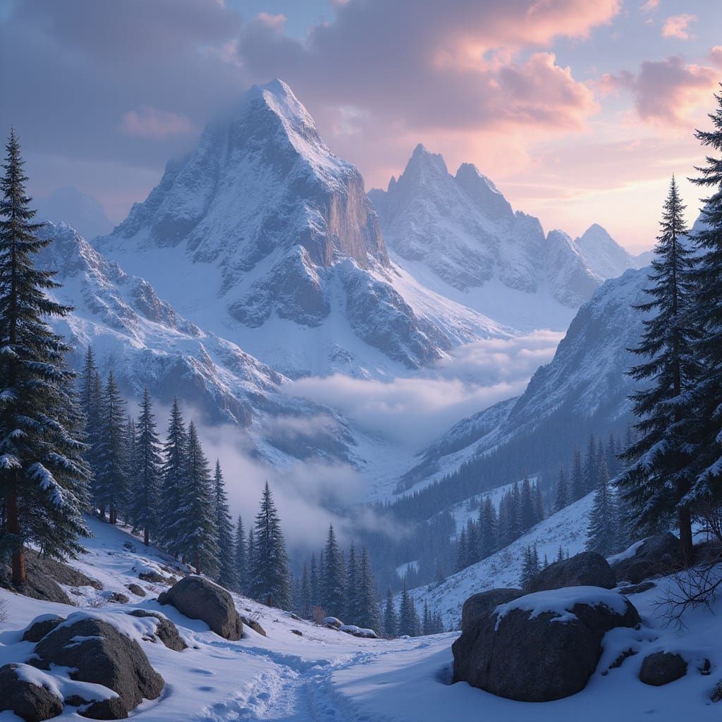 Misty Snow-Capped Peaks in Digital Painting Style