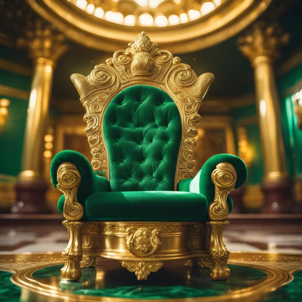 Golden Throne on Malachite Dais: Hyperrealistic Splash Art