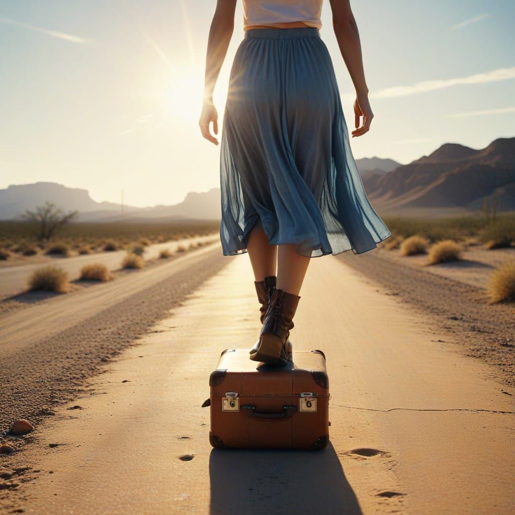Woman Walking on Desert Highway in Warm Golden Light