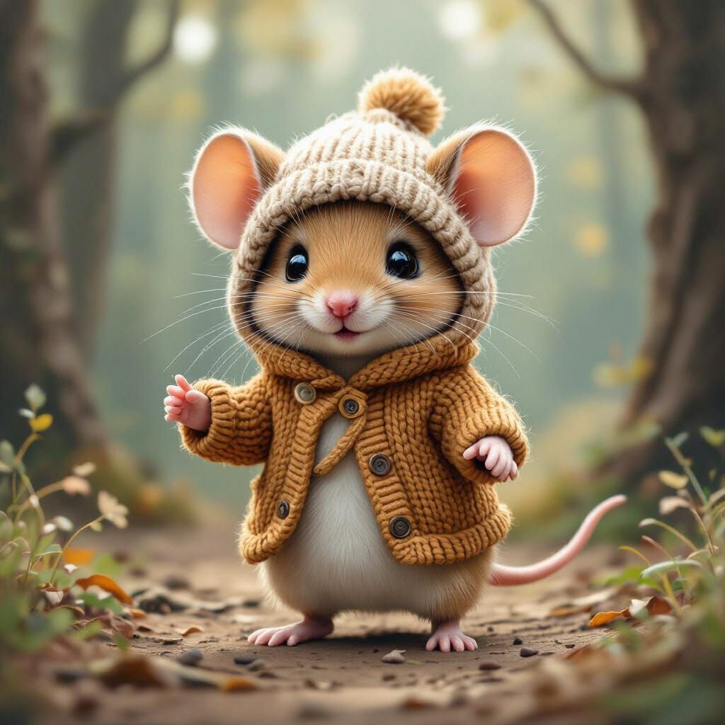 Hyper-Realistic Mouse in Wool Cardigan, Detailed Wooded Scen...