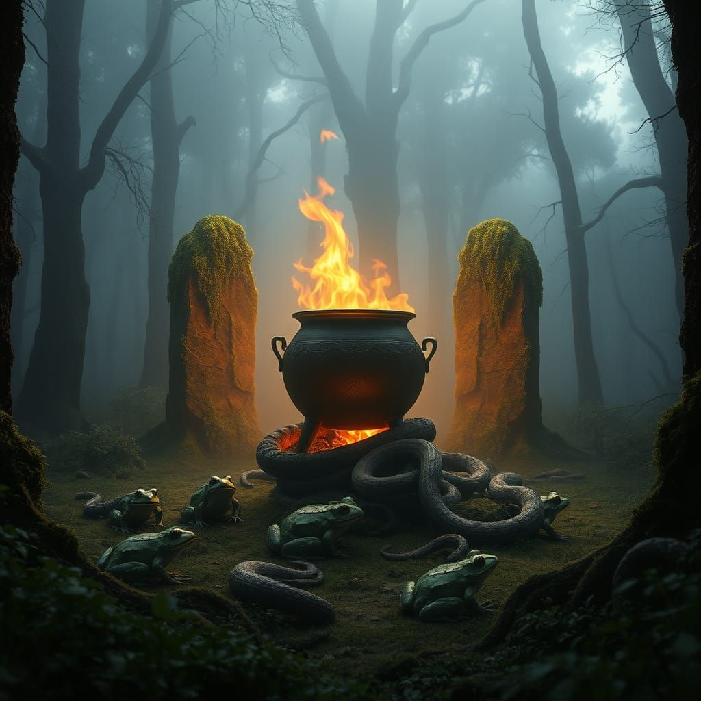 Mystical Cauldron in Overgrown Forest: Cinematic Still