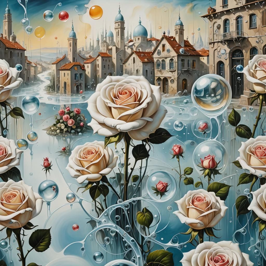 Surreal Bionic City with Rose Houses in Dali Style