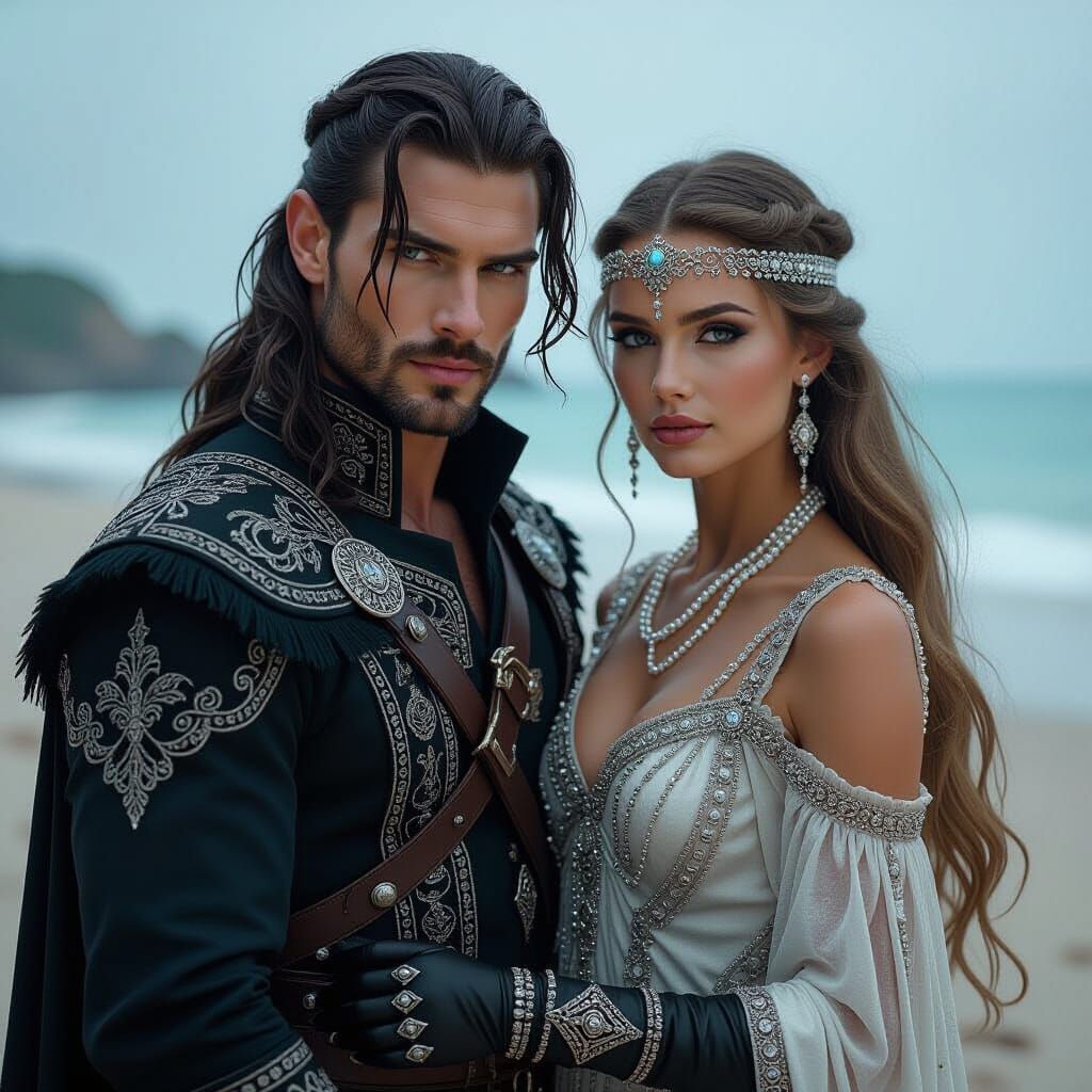 Fae Couple on Mystical Beach in Eerie Futuristic Style