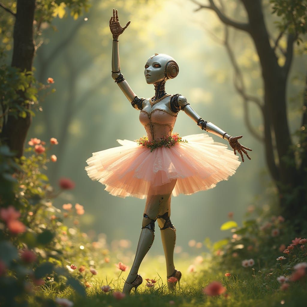 Ballet Dancing Robot in Sunny Grove, Dreamlike Art