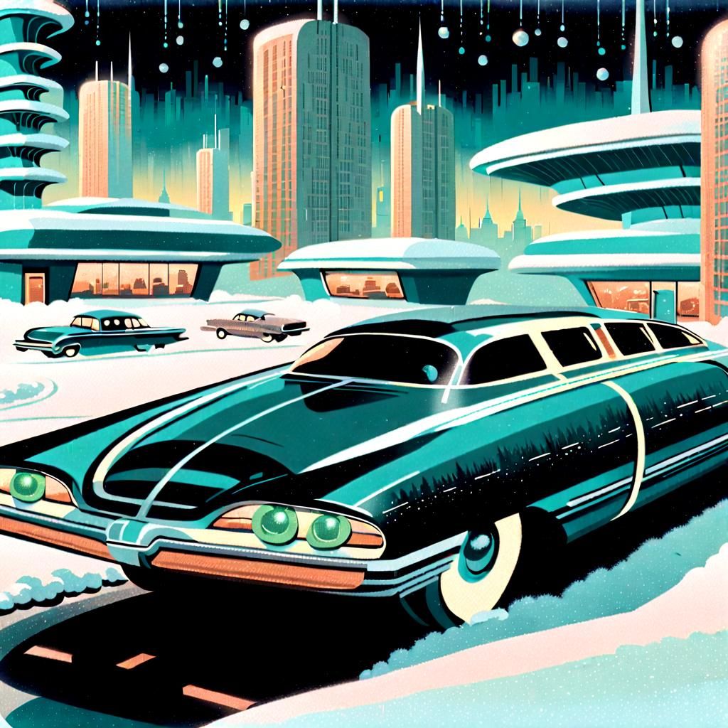 Retrofuturism Cityscape with Winter Snowfall and Hover Cars