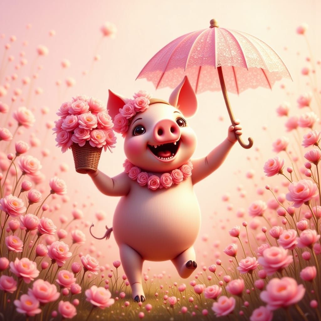 whimsical, hyper detailed, caricature of a cute comical pig ...