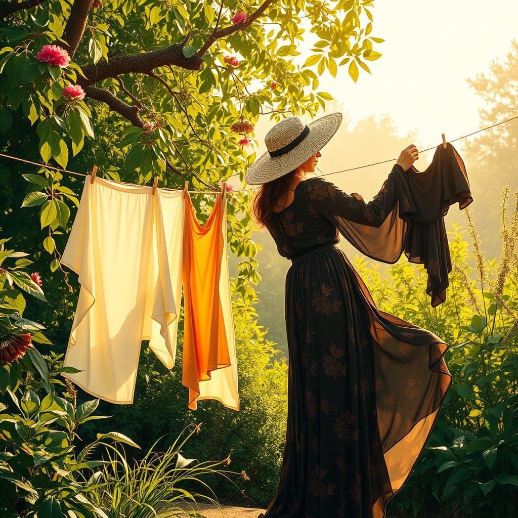 Art Nouveau Woman Hanging Clothes in Garden