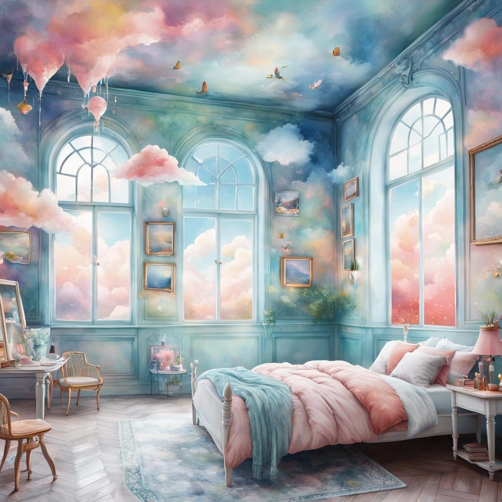 Magical Room in the Clouds: Dreamy Watercolor Art