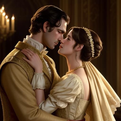 Regency Romance Couple Embrace in Candlelit Ballroom