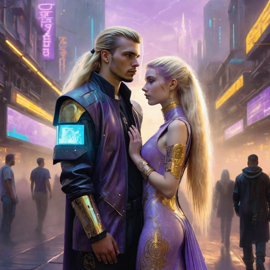 Young Couple standing in Cyberpunk clothes in an alley in a Cyberpunk city