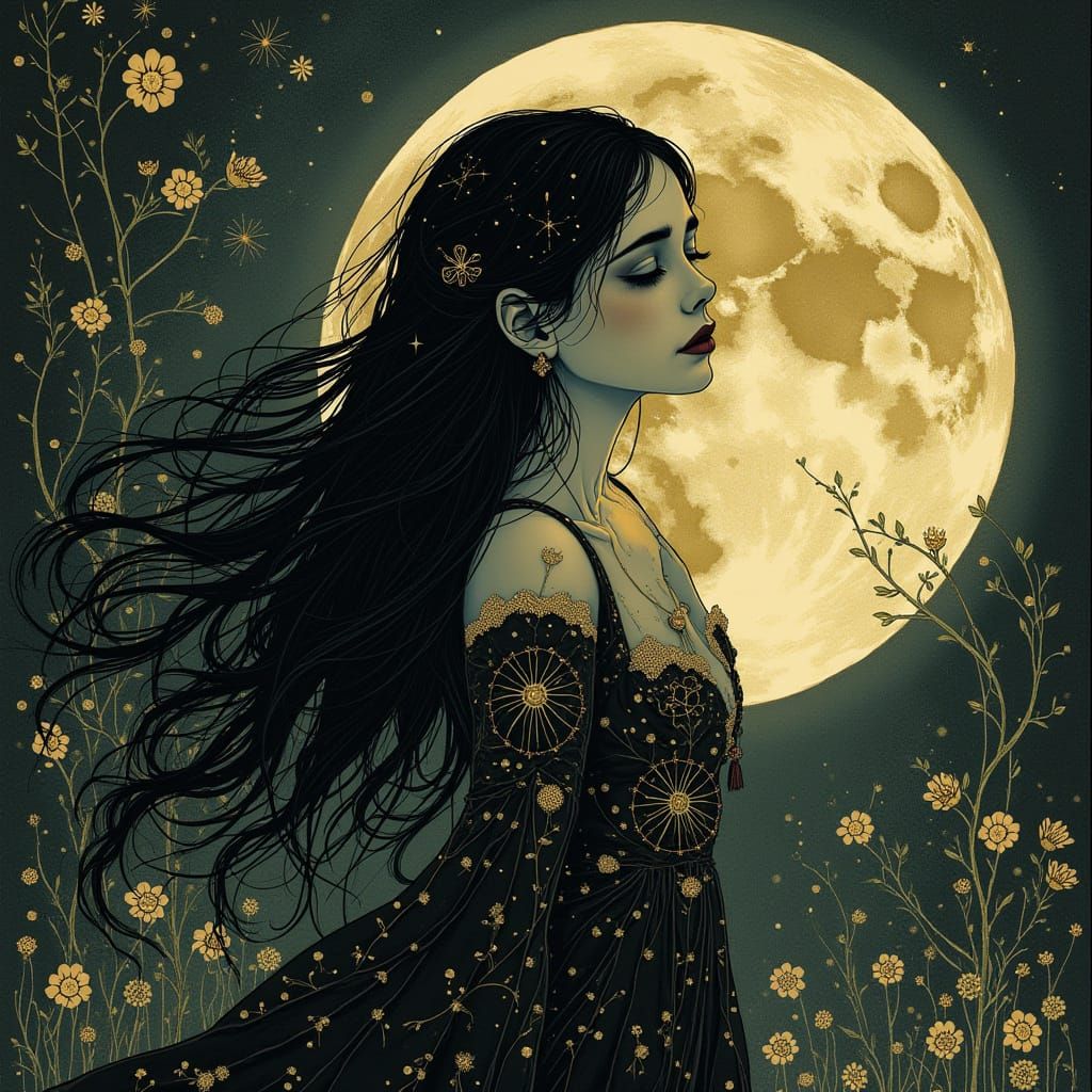 Mournful Sorceress in Celestial Gown, Under Full Moon