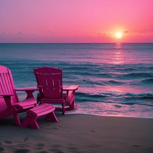 Pink Sunset Beach with Lounge Chairs