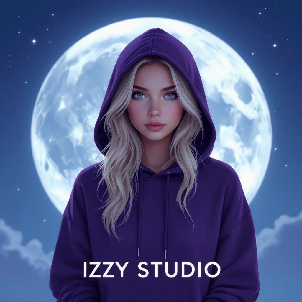 Blonde Girl in Hoodie Behind Moon for Izzy Studio Poster