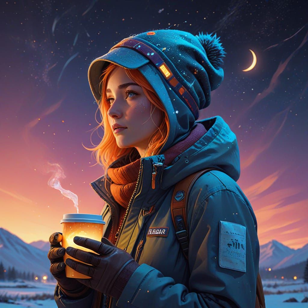 Cozy Campers Under Starry Winter Sky in Vibrant, Textured Ge...