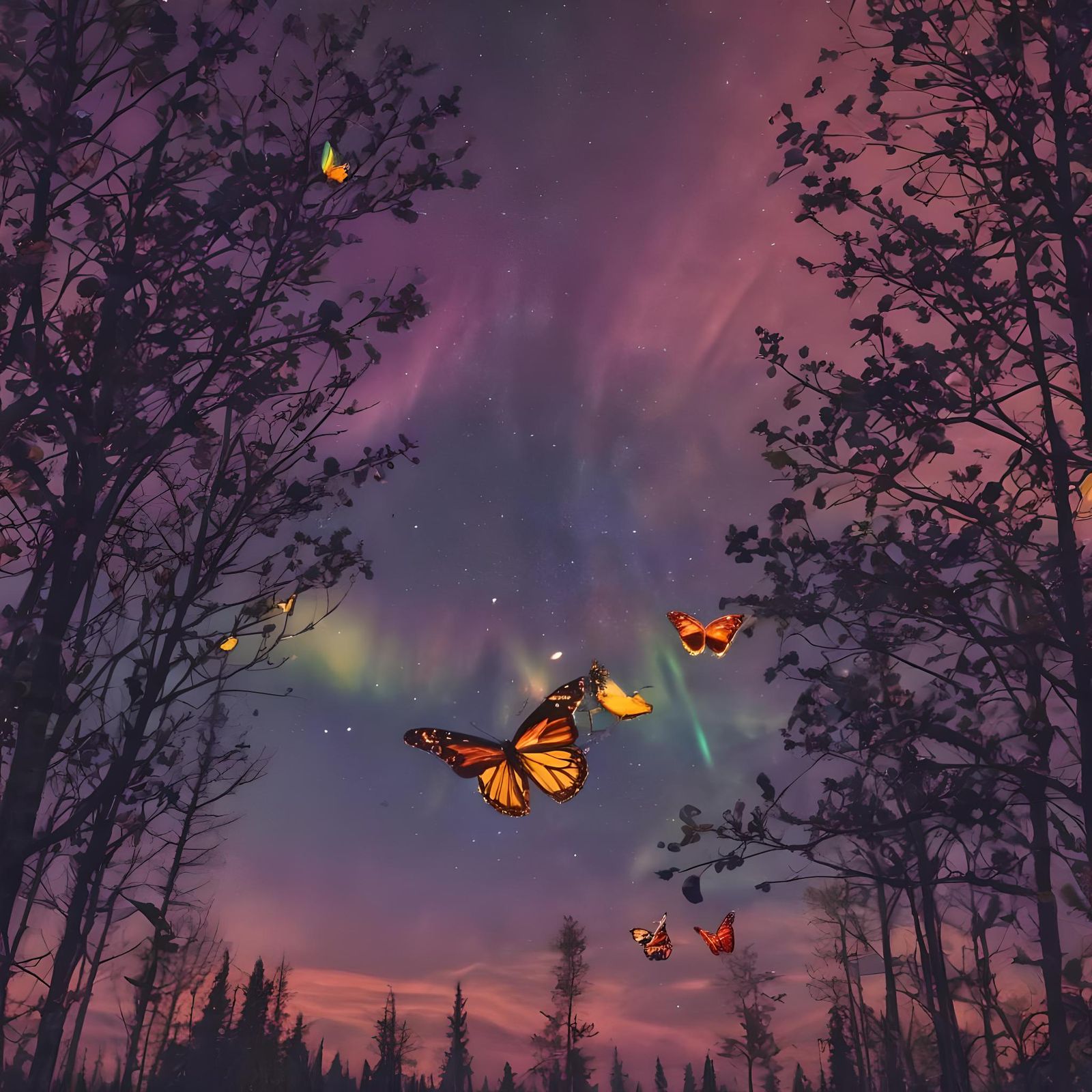 Butterfly in Aurora Borealis Lit Forest