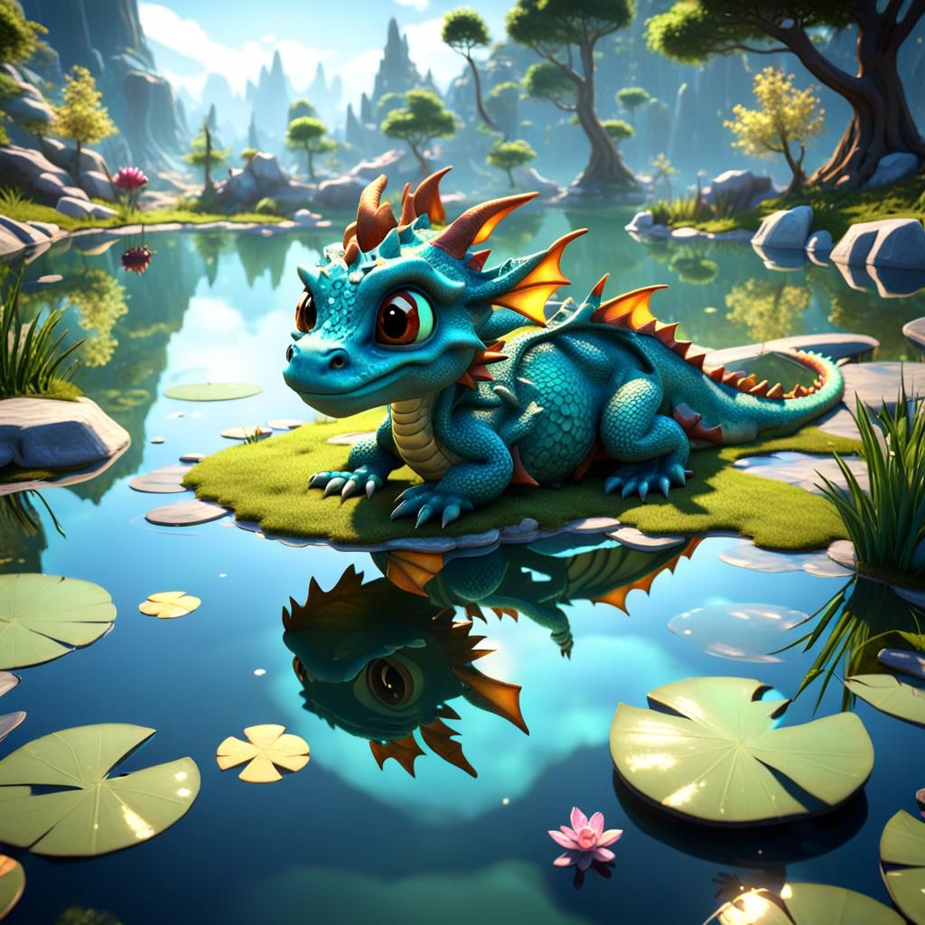 Baby Dragon Reflection in Pixar Cartoon Style