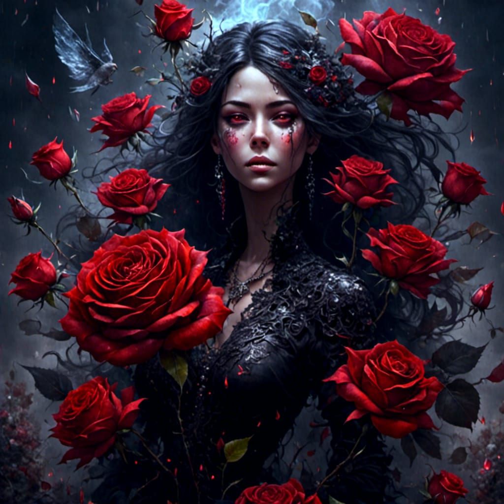 Dark Goddess in Rose Garden, Hyperreal Style
