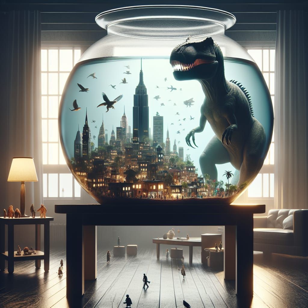 A fishbowl on an end table, in the middle of a darkened room Inside the fishbowl is a thriving human city filled with pe...